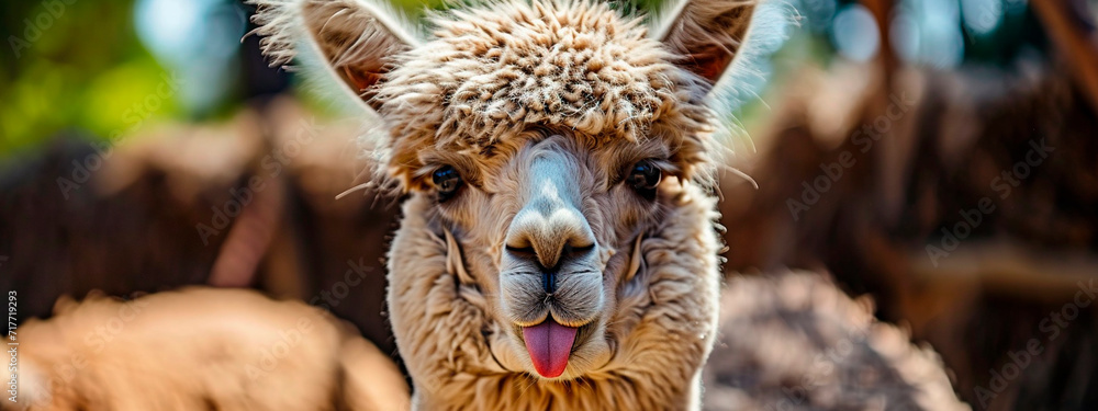 Obraz premium Portrait of an alpaca on a farm. Selective focus.