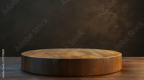 A light brown wooden round cylinder product stage podium on soft brown room background. Represent minimal, old money and quiet luxury. Geometry exhibition stage mockup concept. 3D rendering design.