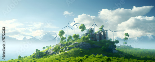 Green energy concept with a landscape featuring a turbine symbolizing renewable and sustainable energy sources, environmental protection, futuristic green environment, and eco-friendly solutions. © jex