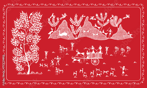 Warli Art Illustration of Farming Process, Indian Rural Area, Harmony of Harvest, Illustration of Warli Farming, Rural Agriculture Art, Indian Village Life Sketch, Wall Decor Traditional Farming.