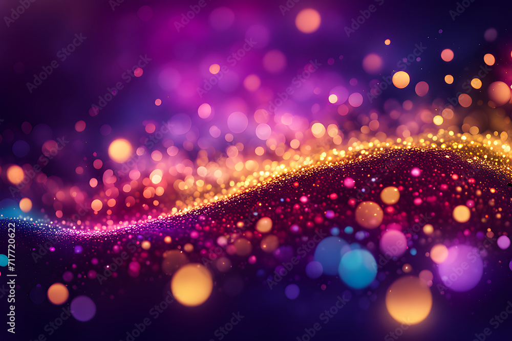 blue glow purple pink particle with a wave abstract bokeh christmas background with lights