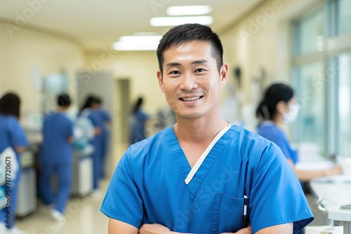 Portrait of working Japanese cheerful nursing staff wearing a light blue polo shirt Generative AI