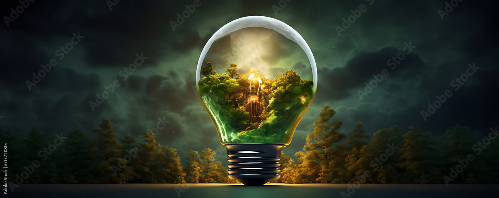 Green energy concept illustrating renewable and sustainable energy sources. An image of a green tree inside a light bulb symbolizes environmental protection and eco-friendly energy solutions. - obrazy, fototapety, plakaty 
