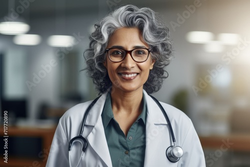 Portrait of an experienced female doctor with a smiling face standing in a hospital