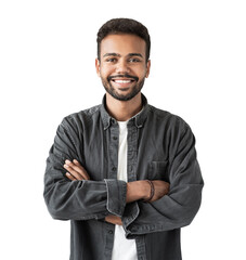 Portrait of handsome smiling young man with folded arms isolated transparent PNG, Joyful cheerful casual businessman with crossed hands studio shot