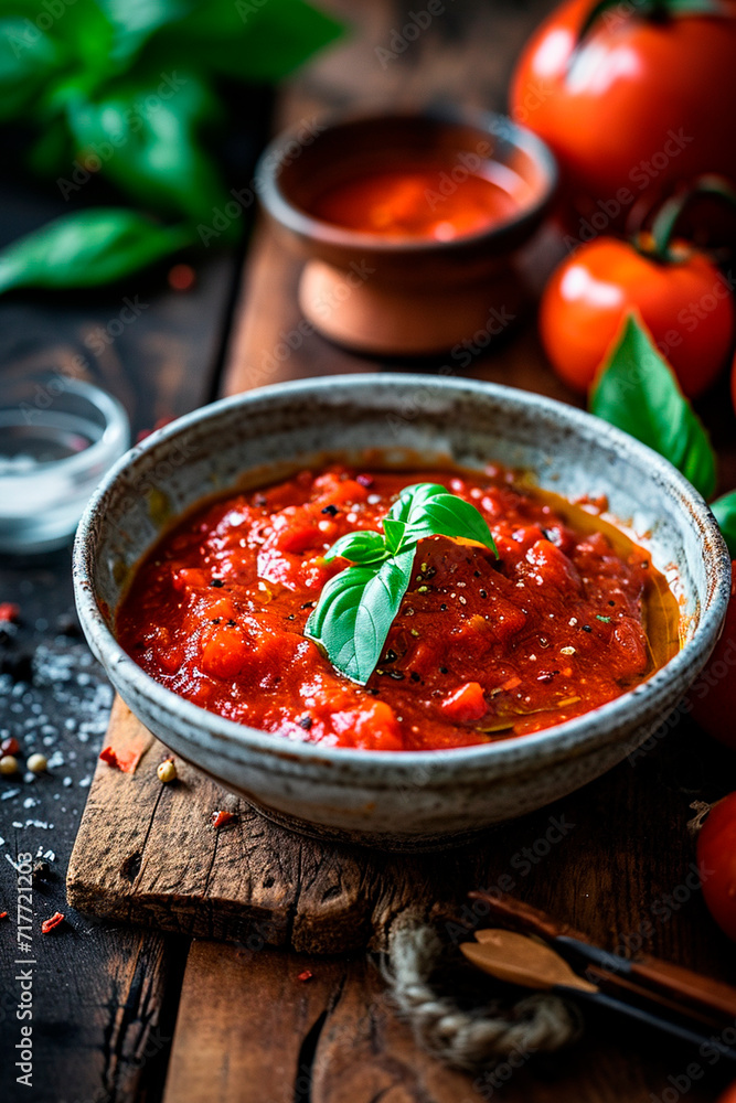 Homemade tomato sauce in a plate. Selective focus. Homemade tomato sauce in a plate. Selective focus.