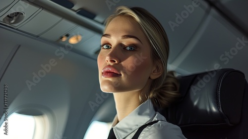 Close-up of a female flight attendant in an airplane, providing service with a professional demeanor.