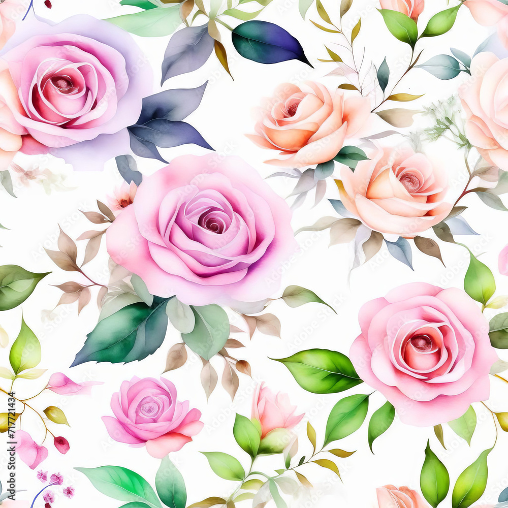 Pastel rose flowers illustraration. Spring floral pattern