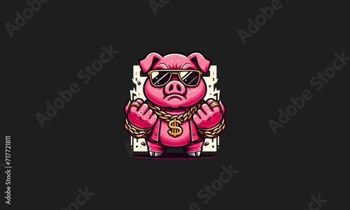 pig angry wearing sun glass and gold vector mascot design
