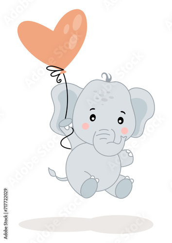 Friendly baby elephant flying with a heart balloon