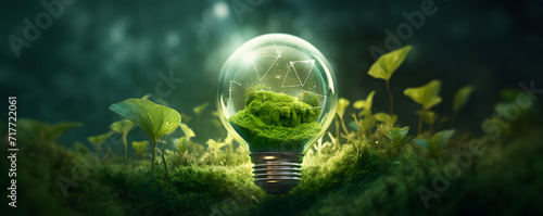 Green energy concept illustrating renewable and sustainable energy sources. An image of a green tree inside a light bulb symbolizes environmental protection and eco-friendly energy solutions.