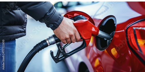 a close up image of a hand filling up a car with gas at a gas station photo