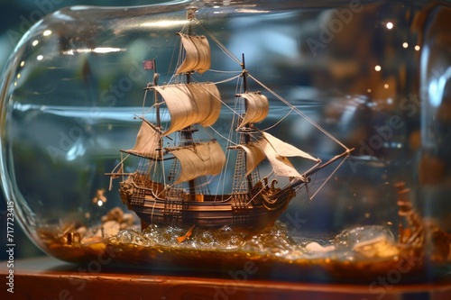 Vintage ship in a bottle with meticulously crafted sails and intricate rigging, sailing on a sea of calm within a glass enclosure,