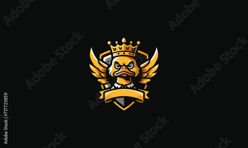 duck wearing crown with shield vector logo design