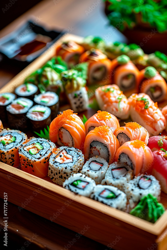 Many different rolls on a wooden tray. Selective focus.