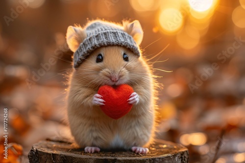 Fall Fashion: A Cute Hamster in a Beanie and Heart-Shaped Pouch Generative AI