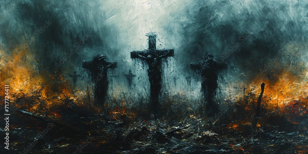 Crosses in the Rain: A Hauntingly Beautiful Painting of the Crosses in the Rain Generative AI