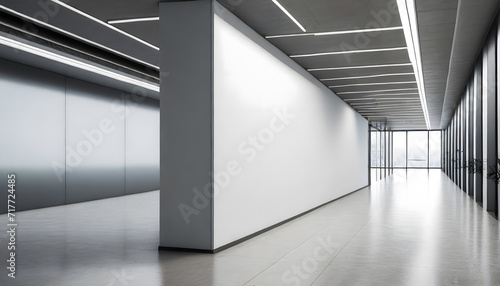 Perspective view of blank light wall with place for poster or banner in a modern office corr. Generative AI. photo