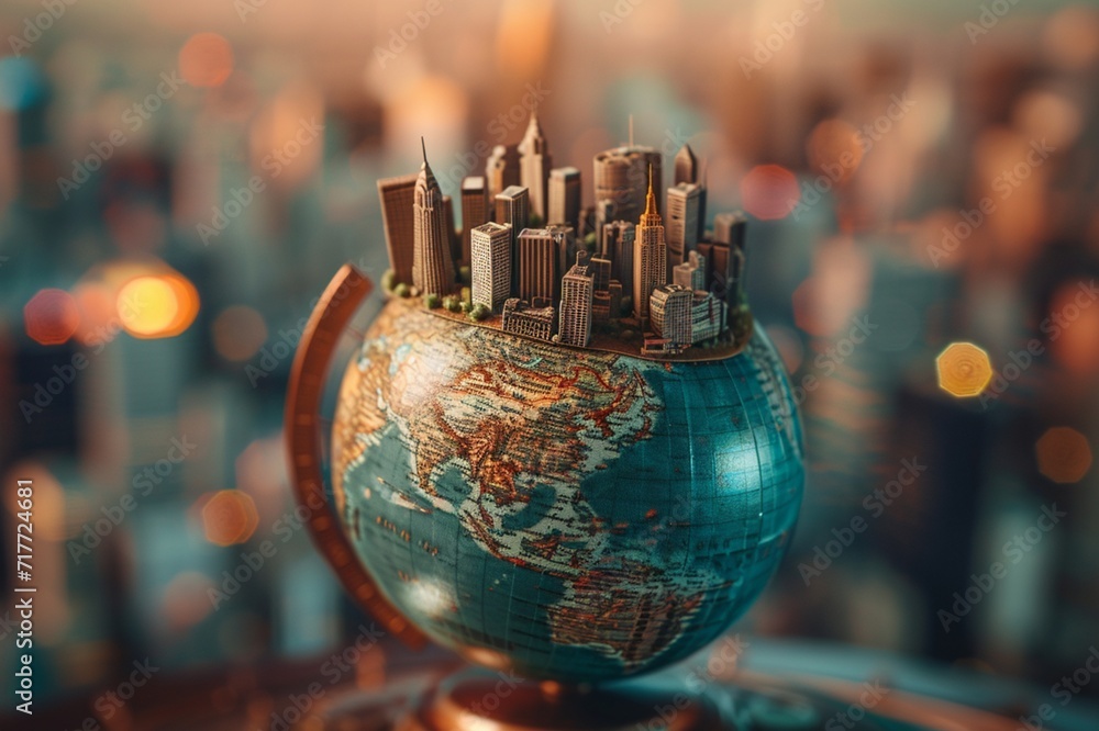 Vintage-style globe with a meticulously crafted miniature city skyline, capturing the allure of a bustling urban landscape,