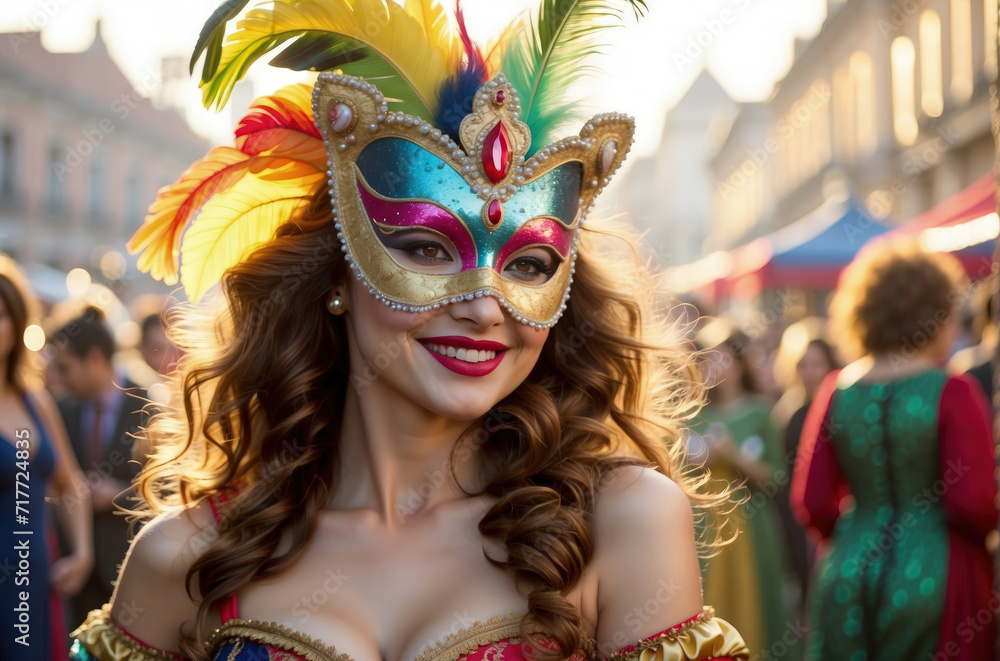 beautiful Female wearing venetian carnival mask and costume