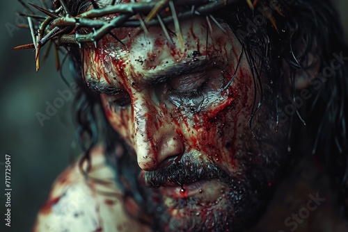 Photo Jesus's Bloodied Face: A Passionate Portrayal of the Last Supper Generative AI