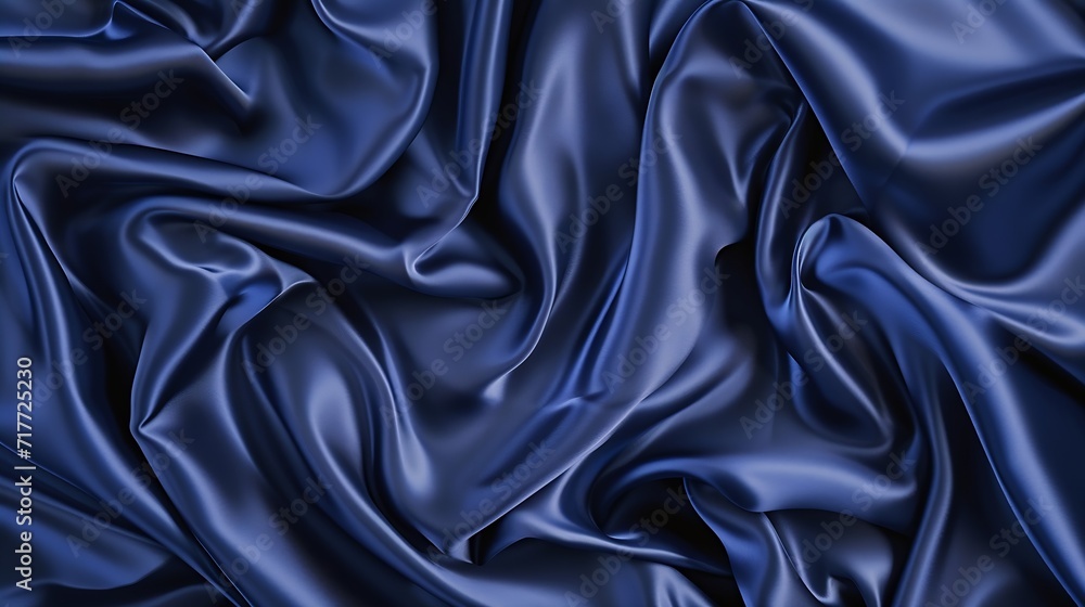 Generative AI : Dark blue silk satin. Soft folds. Fabric. Navy blue luxury background. Space for design.Wavy lines.Banner. Wide.Long. Flat lay, top view table. Beautiful. Elegant. Birthday, Christmas,