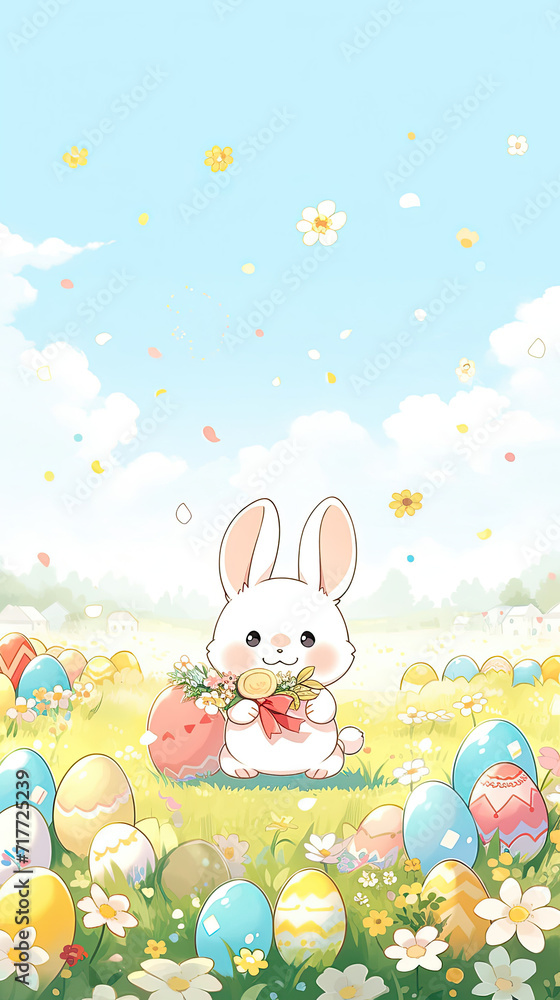 Bunny Holding Egg in Flower Field Bunny Holding Egg in Flower Field