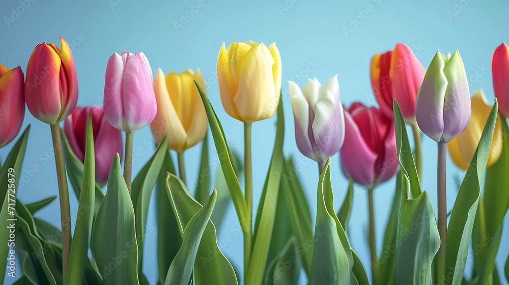 Generative AI : Colorful blooming tulips border banner on blue background