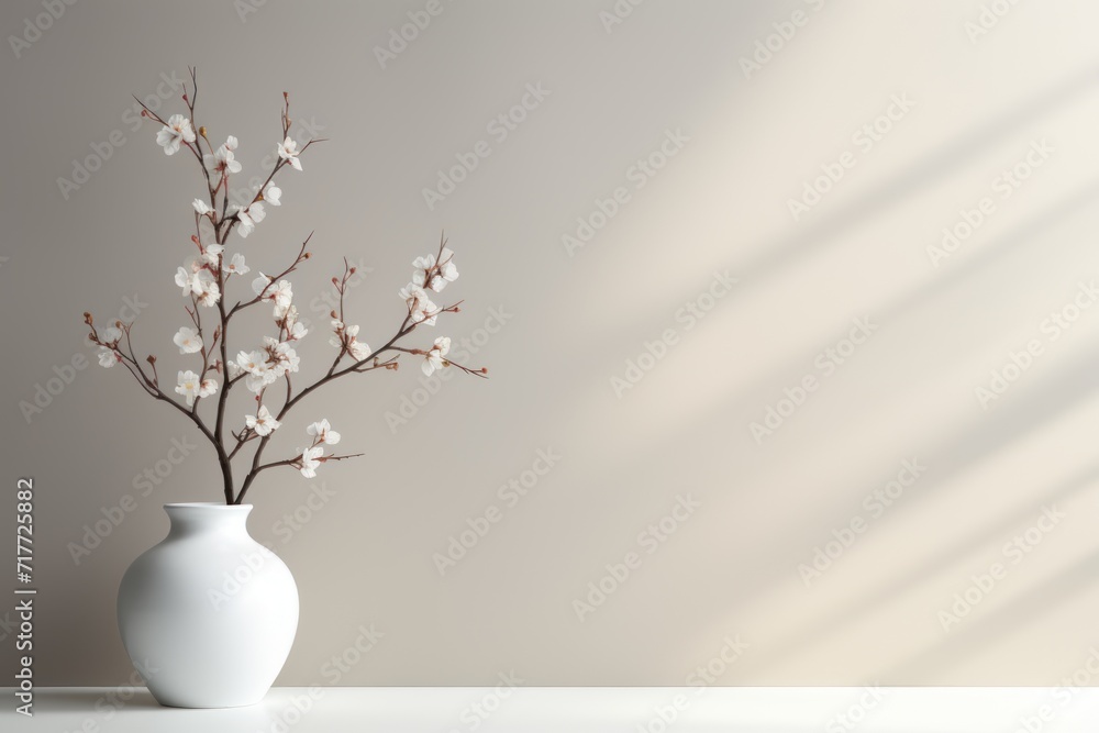 White vase with blooming branches on white table against white wall White vase with blooming branches on white table against white wall