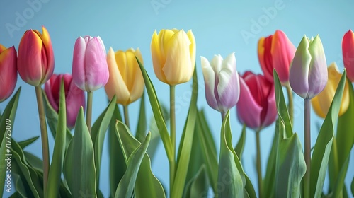 Generative AI : Colorful blooming tulips border banner on blue background