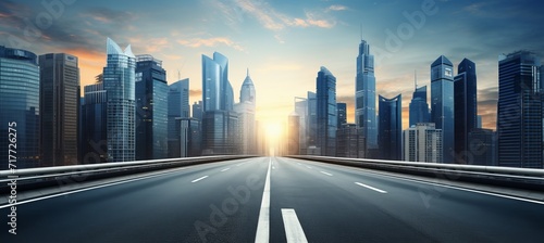 Title sunrise over urban cityscape with asphalt highway road and modern buildings