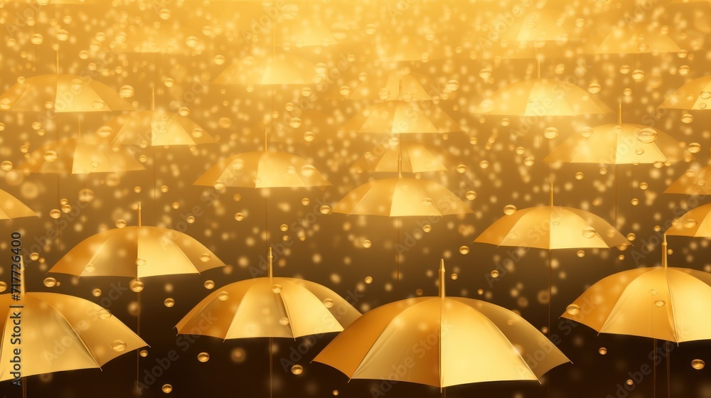 Group of Floating Gold Umbrellas in the Air, Mass of Golden Canopies Hovers Above. Luxury trendy wallpaper. Banner.