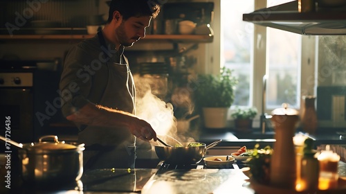 Generative AI : Young man cooking lunch at home. Handsome man preparing delicious food. photo