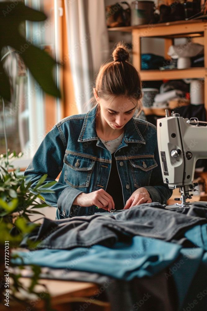 A woman sews on a sewing machine. Selective focus. A woman sews on a sewing machine. Selective focus.