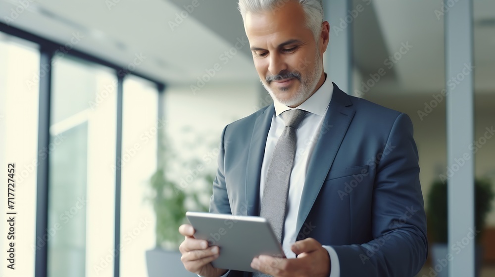 Fototapeta premium Generative AI : Happy middle aged business man ceo wearing suit standing in office