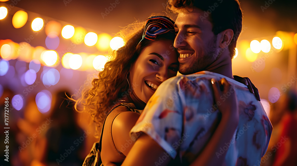 Happy woman and her boyfriend dancing at open air music concert at night.