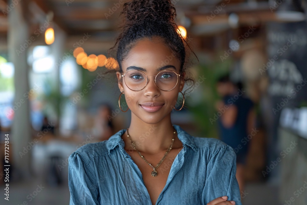 Glasses-Wearing Woman in Blue Shirt and Earrings Generative AI Glasses-Wearing Woman in Blue Shirt and Earrings Generative AI