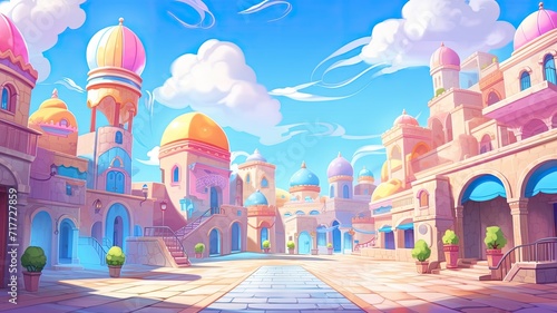 cartoon illustraion Arabic market. whimsical cityscape, characterized by pastel-colored buildings, ornate architecture, and a clear blue sky. photo