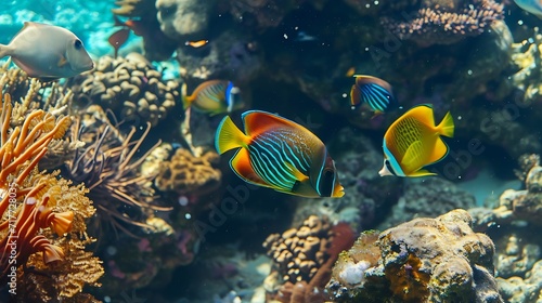 Generative AI : Tropical sea underwater fishes on coral reef. Aquarium oceanarium wildlife colorful marine