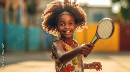 Close up of african girl wearing a sportswear holding a tennis racket and ball on court photo