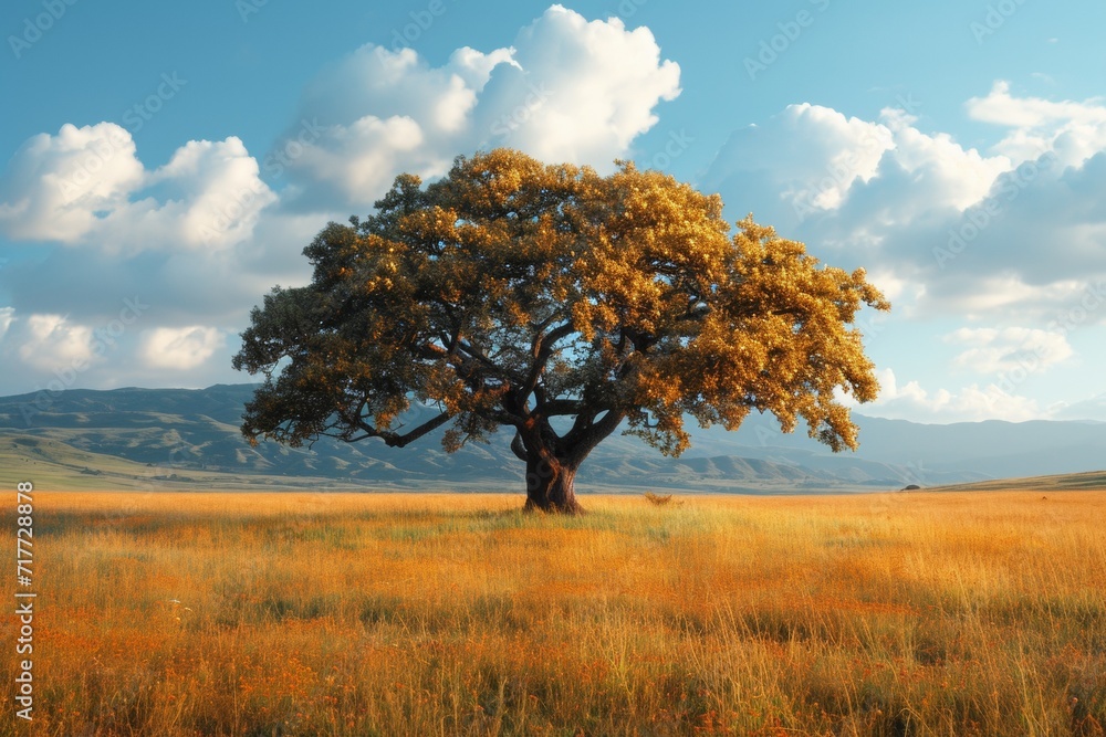 Fototapeta premium tree in autumn field at blue sky