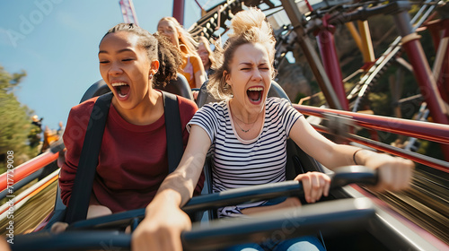 Happy young people riding a roller coaster