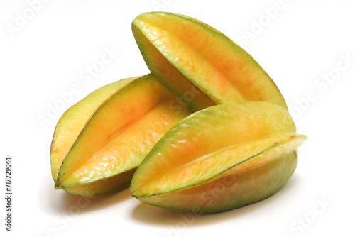 Three fresh organic star fruit delicious isolated on white background clipping path