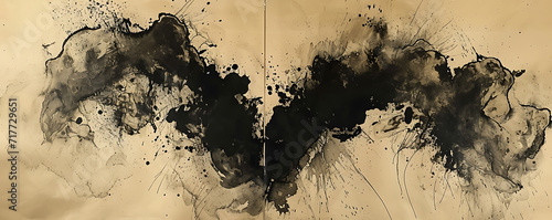 A series of abstract ink blots on parchment paper, merging to create a heart shape, capturing the spontaneity and unpredictability of emotions photo