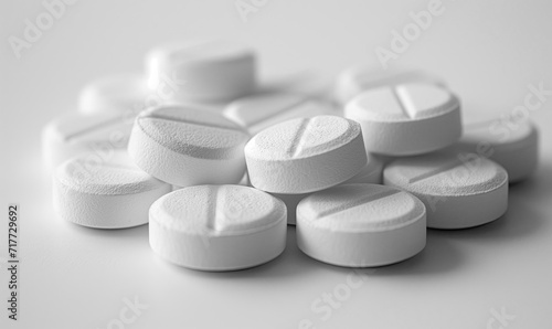 Scattered white pills on the table close-up.