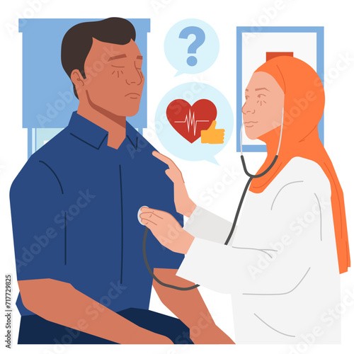 woman doctor checks on male patient with stethoscope in flat illustration