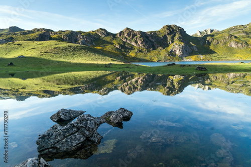 Landscape of Calabazosa lake in Saliencia lakes in Somiedo in a sunny day. Asturias, Spain photo