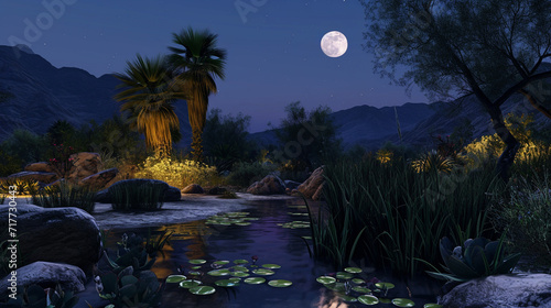 An oasis in the desert at night