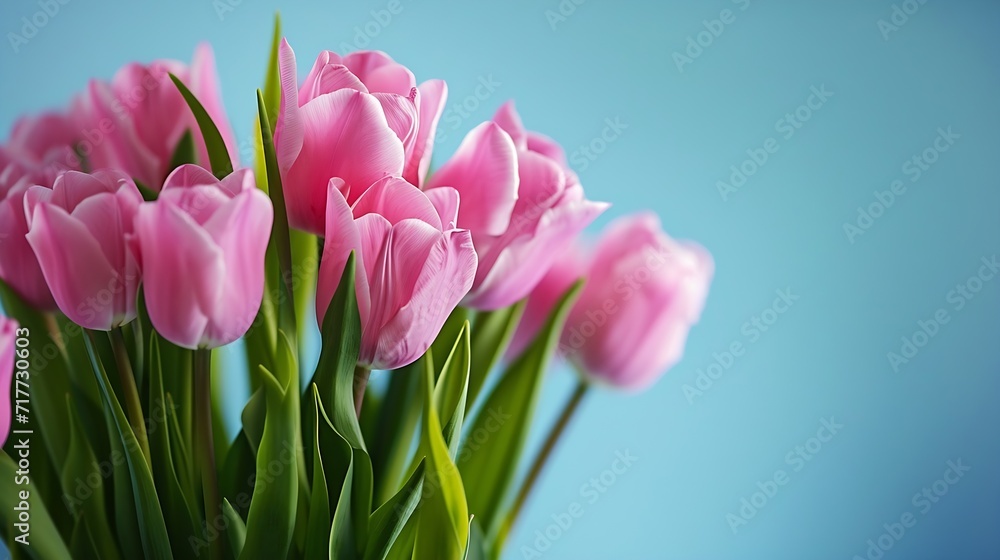 Generative AI : Beautiful bouquet of pink tulips on blue background. Greeting card