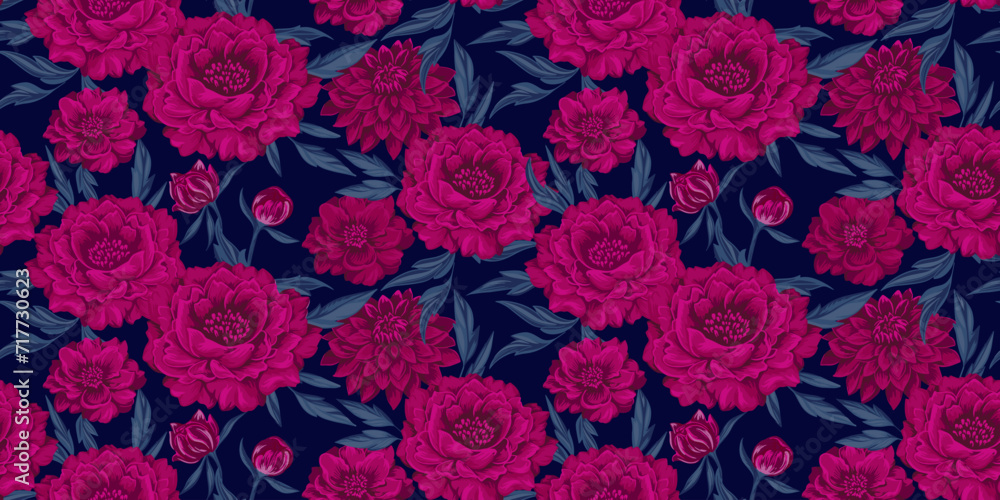 Ornate chic burgundy floral and leaves seamless pattern. Artistic abstract flowers peonies dahlias on a dark blue background. Vector drawn illustration. Design for fabric, fashion, textile, printing